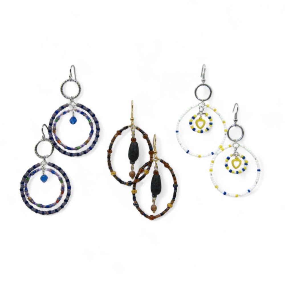 Set of Handcrafted BOHO Hippie style Large Glass Beaded Hoop Earrings  2.5in